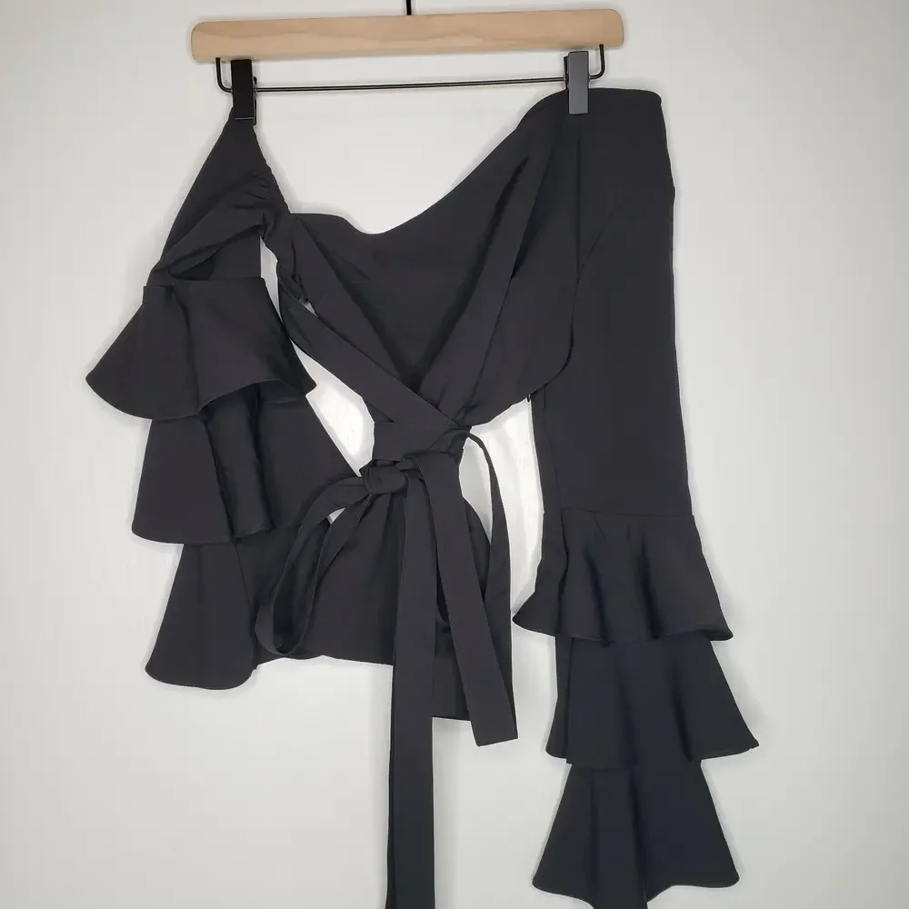 Venus Ruffle Sleeve One Shoulder Tie Waist Blouse 4 Black‎ Sexy Belted Top - Picture 5 of 12